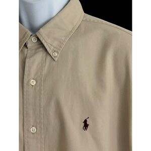 Ralph Lauren Men Shirt XL Oxford Khaki Beige Short Sleeve Button Burgundy Pony